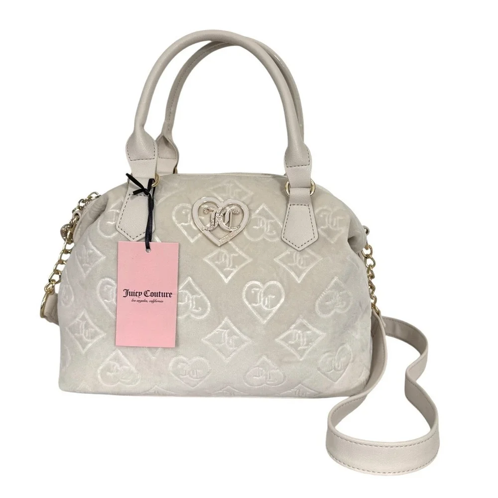 Juicy Couture Glizted Out Ivory Crystal Velour Velvet Satchel Shoulder Bag‎